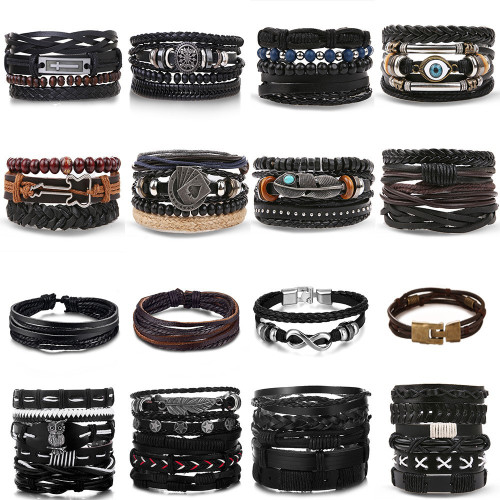 Vintage Bead Bracelet Men's Fashion Hollow Triangle Leather Bracelet and Bangle Multi-layer Wide Wrapped Jewelry