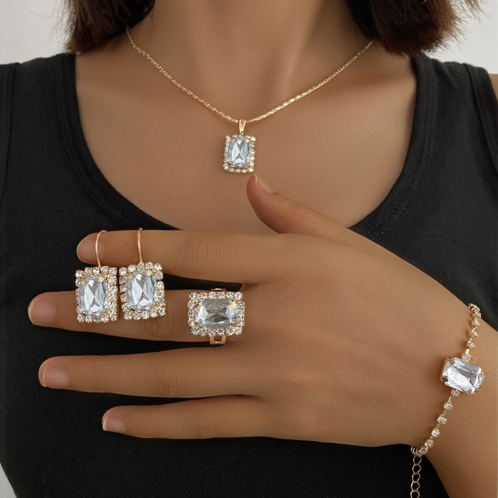 European and American New Style Square Diamond Jewelry Set Fashion Colorful Rhinestone Necklace Earrings Ring Bracelet Set Bridal Accessories
