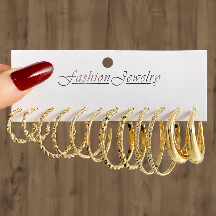 Cross-Border Hot Selling Simple Large Circle Metal Irregular Circle Earrings Set Creative Personality Earrings 8-Piece Set Ear Jewelry