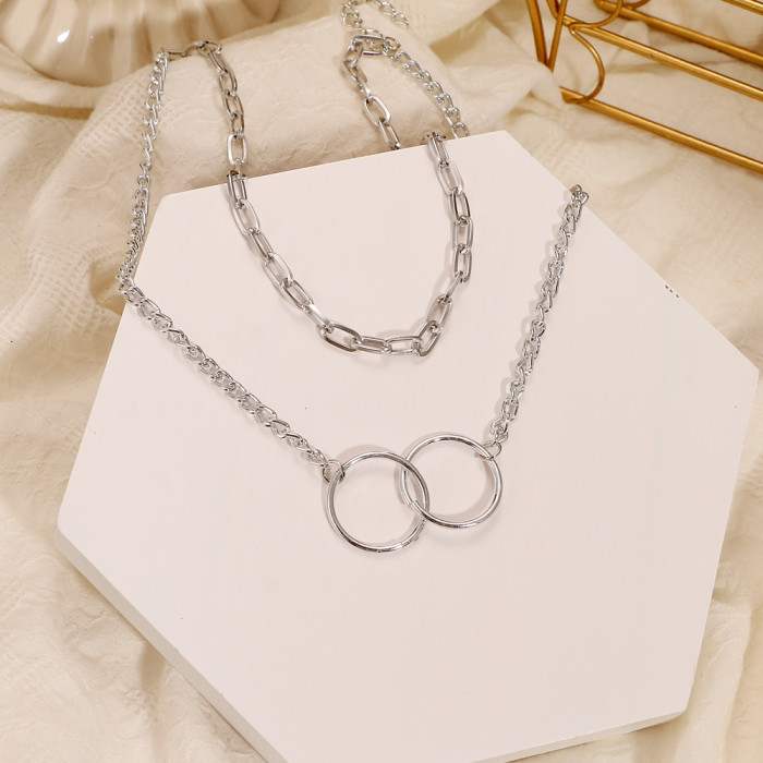 Korean Jewelry Retro Round Ring Bronze Bead Multi-Layer Geometric Hexagon Circle Arrow Necklace
