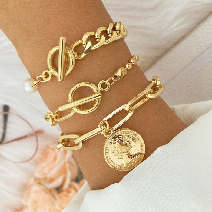 Retro Thick Chain Personality Bracelet Mix and Match Open Bangle Hand Jewelry Stacking Style Set Bracelet Wholesale,...