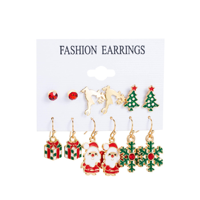 Christmas Series Snowflake Bell Earrings Set Cross-Border Cartoon Oil Drop Reindeer Santa Claus Christmas Earrings