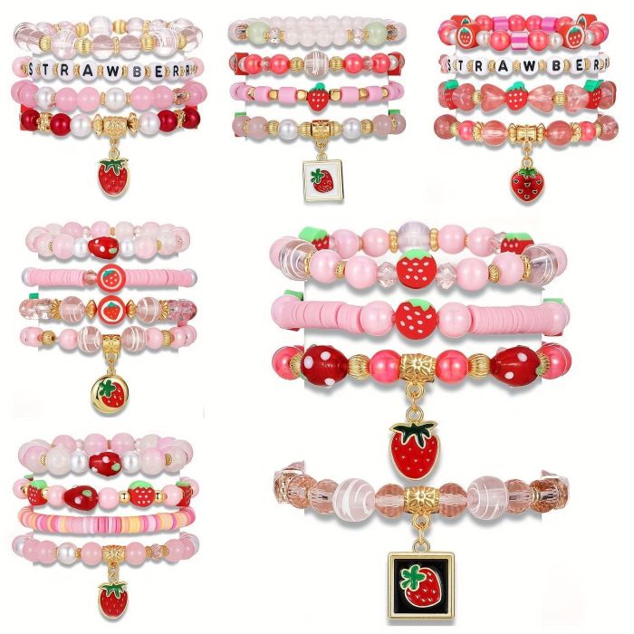 Strawberry Pendant Soft Clay Beaded Hand Jewelry Fashion Versatile Cute Pink Multi-Layer Bracelet 24-Piece Set, Jewel...