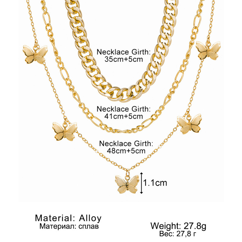 European and American INS Multi-layer Metal Butterfly Necklace Cross-border Fashion Thick Chain Necklace Internet Celebrity Same Style Collarbone Chain for Women