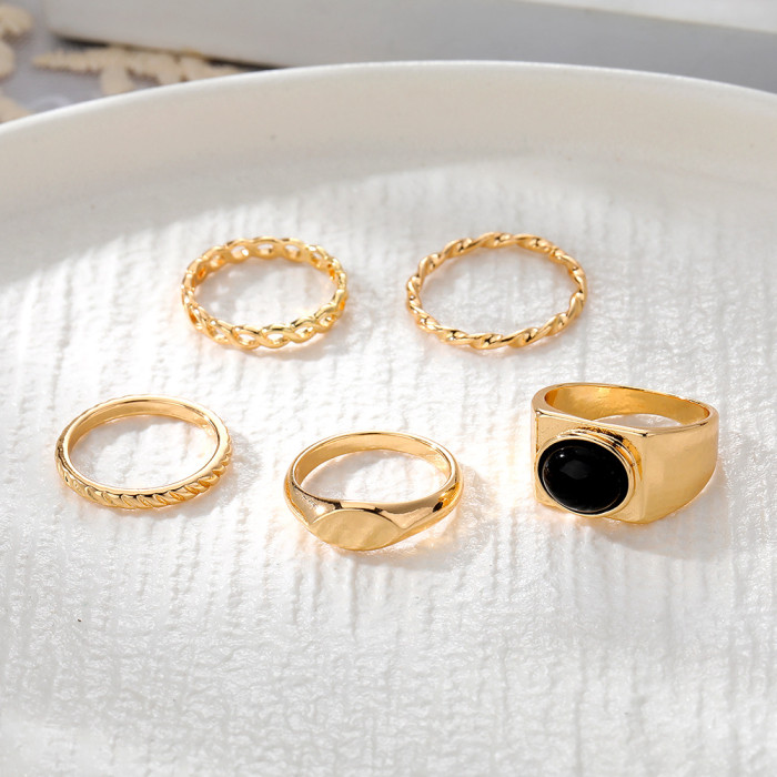 European and American New Style Gold Braided Knuckle Rings 5-Piece Set Retro Geometric Oval Inlaid Black Gemstone Metal Rings for Women