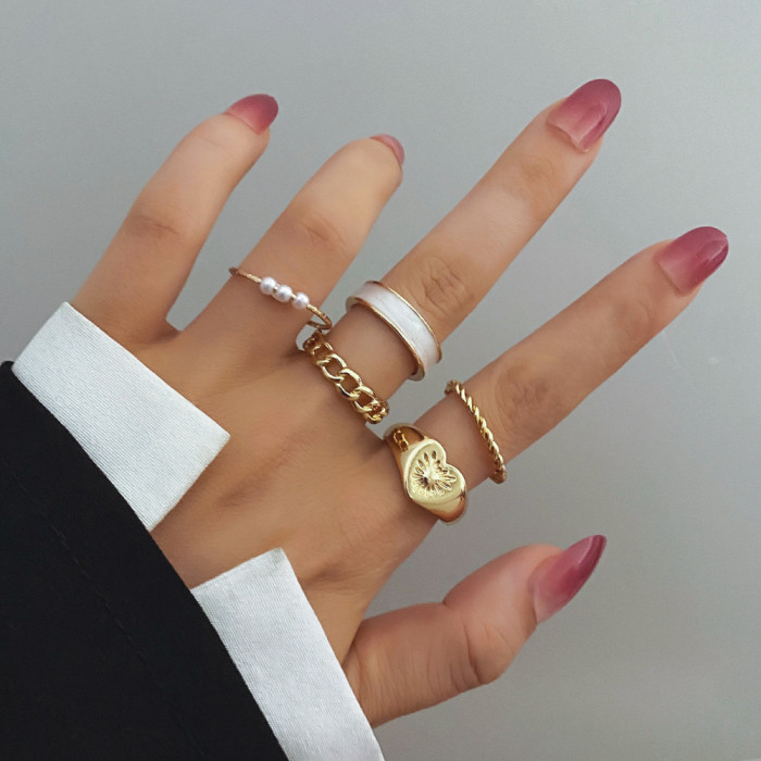 Cross-Border New Heart Oil Drop Knuckle Ring 5-Piece Set Combination Niche Personality Geometric Metal Gold Ring for Women