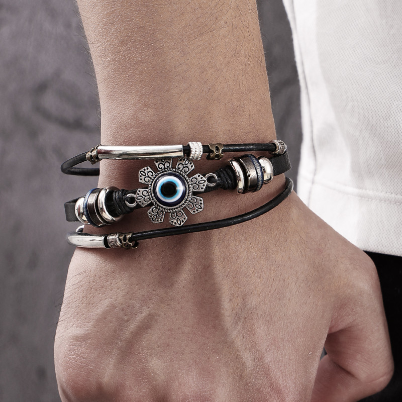 Cross-Border Bohemian Fashion Multi-Layer Coconut Shell Beaded Bracelet Vintage Butterfly Men's Leather Woven Bracelet Set