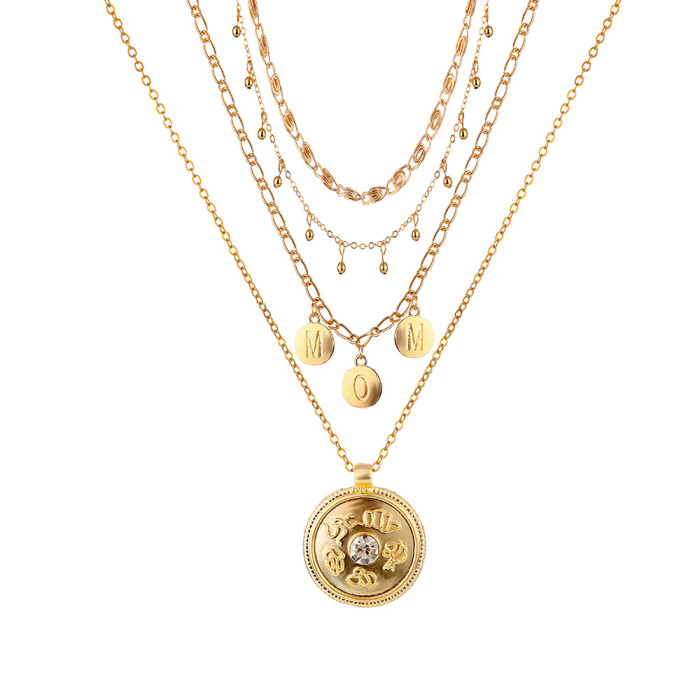 Geometric Fashion Angel Portrait Rose Flower Pendant Multi-Layer Women's Necklace Set Coin Necklace
