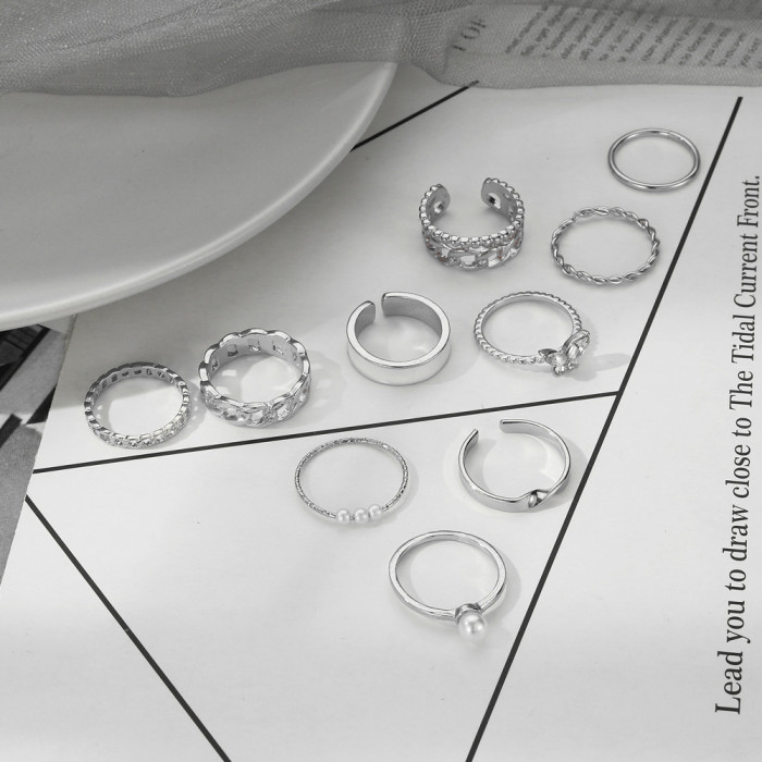 Cross-Border Hot-Selling Pearl Ring Fashionable Personality Butterfly Combination Ten-Piece Set Open Double Layer Chain Ring Wholesale
