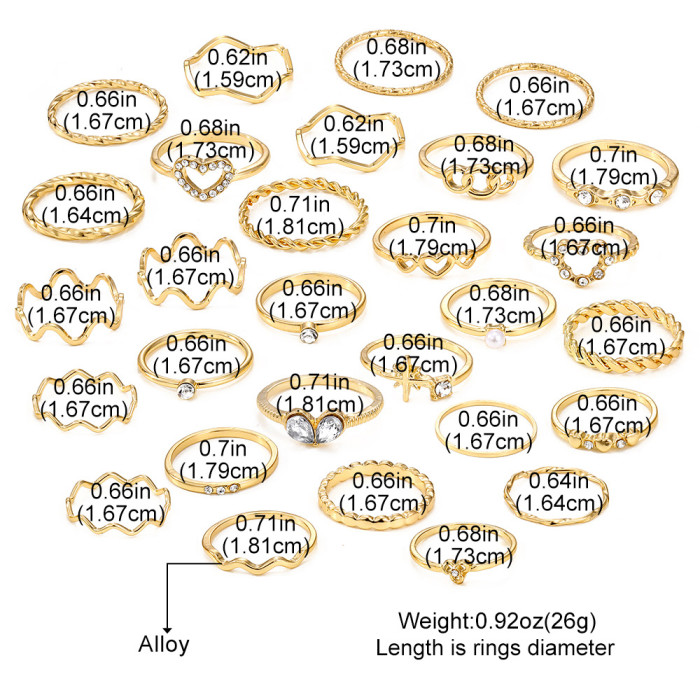 Hot Selling Simple Rhinestone Wave Love Ring 28-Piece Gold Joint Alloy Ring Set Bracelet for Women
