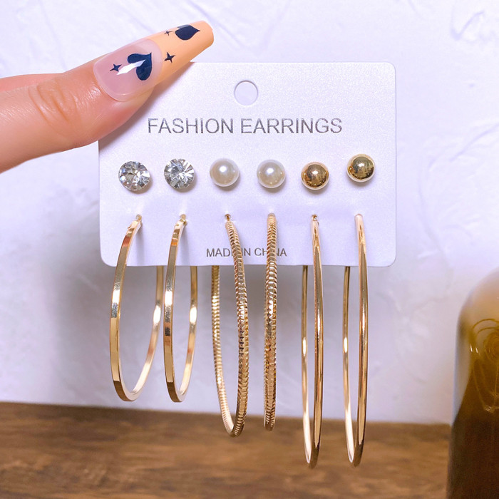 New Metal Hoop Earrings Set 6 Pieces Vintage Pearl Diamond Hoop Earrings European and American High-end Earrings with a Sense of Sophistication