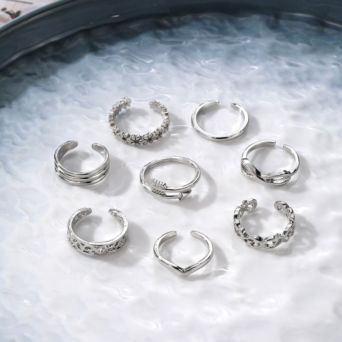 Cross-Border Hot-Selling Jewelry Carved Hollow Multi-Element 8-Piece Open Toe Rings Alloy Beach Series Set Foot Jewelry
