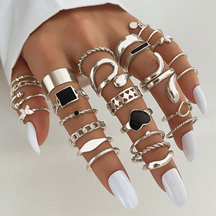Electroplated Black Butterfly Inlaid Diamond Ring Mixed Batch Pearl Ring Women's Niche High-End Knuckle Ring 23-Piece...