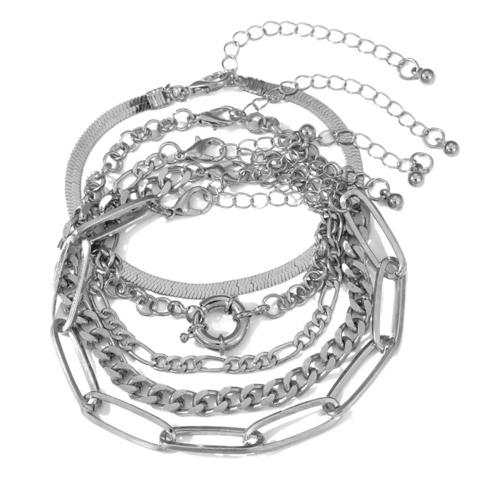 Fashion Simple Geometric Hollow Mixed Braided Bracelet Set Hip-Hop Chain Personality Punk Style Jewelry, Jewelry Sets