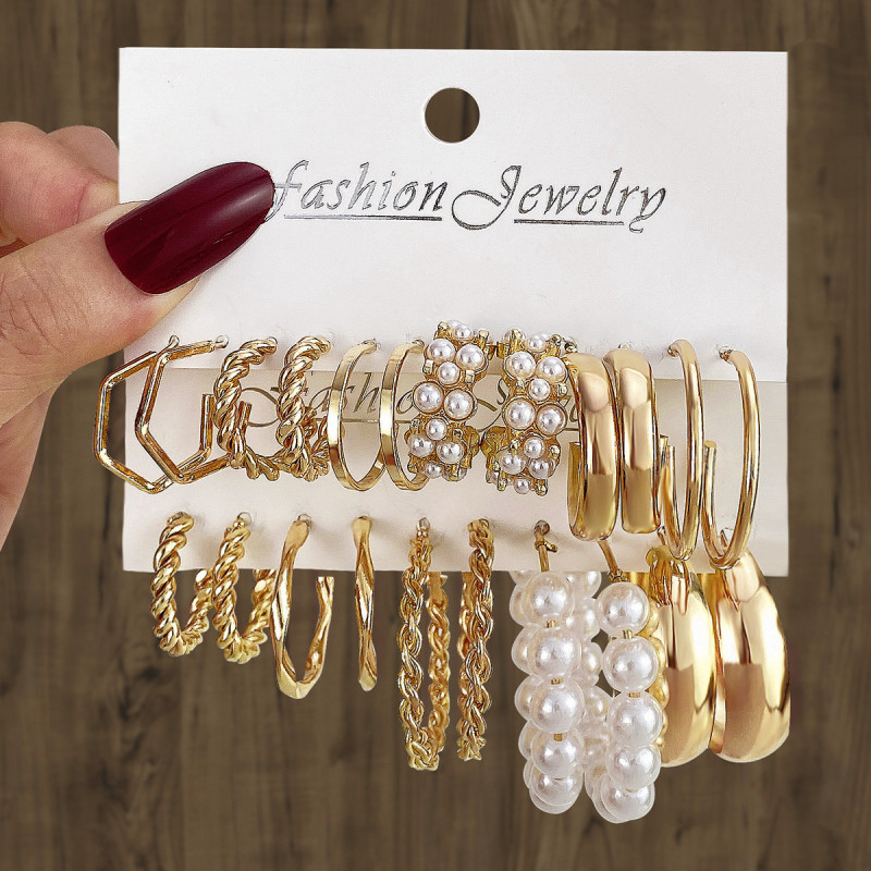 Cross-Border Hot-Selling Metal Twisted Chain Earrings Set Creative Simple Hoop Geometric Earrings