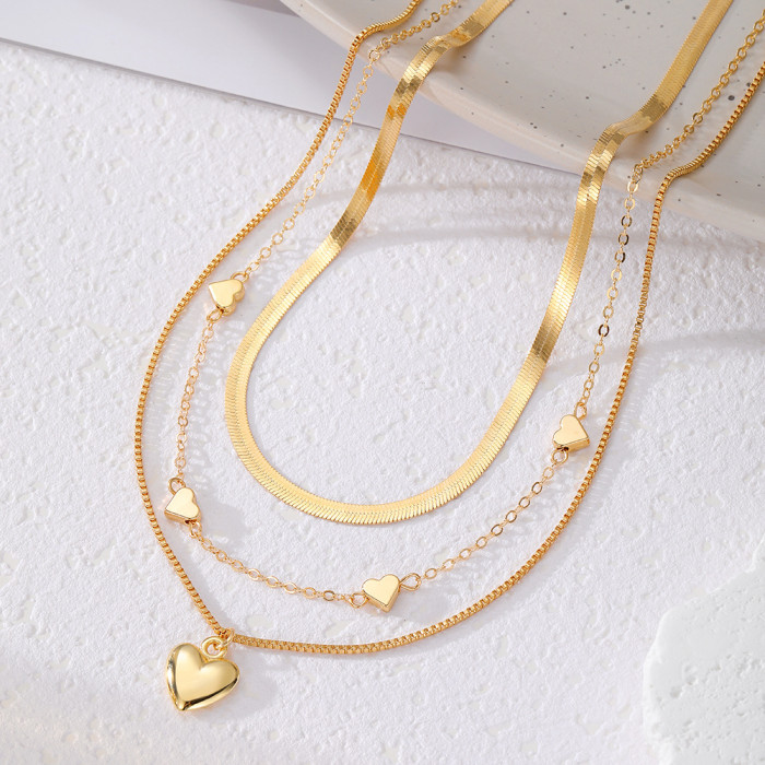 New Retro Geometric Heart-Shaped Snake Bone Chain Fashion Metal Texture Three-Dimensional Heart Multi-Layer Stacking...