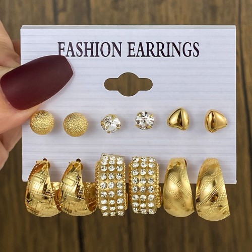 European and American Cross-Border Artistic Retro Geometric Hammered Pattern Earrings 6-Piece Set Creative Heart-Shaped Diamond-Studded Stud Earrings Metal Earrings