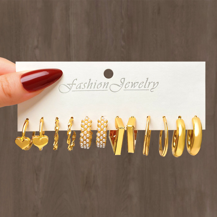European and American New Style Alloy Hoop Earrings Square Geometric Earrings Earring Set Combination Ins Style Earrings Set