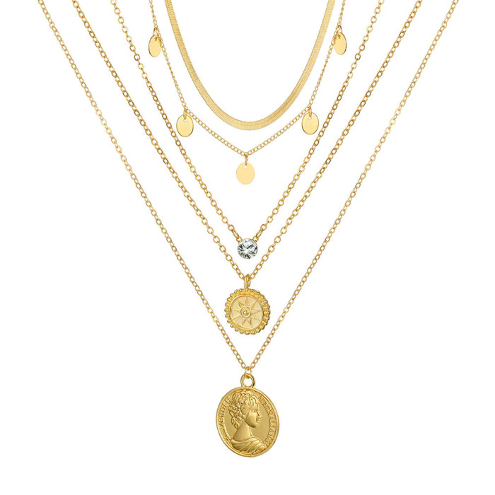 Geometric Fashion Angel Portrait Rose Flower Pendant Multi-Layer Women's Necklace Set Coin Necklace