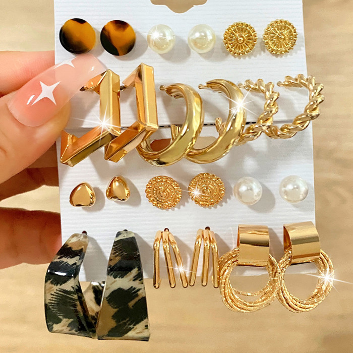 Cross-Border New Vintage C-Shaped Earrings Set 6 Pairs Creative Personality Oil Drop Leopard Print Earrings Heart Butterfly Earrings