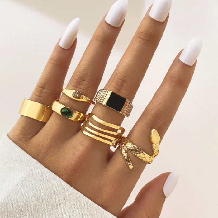 Cross-Border New Fashion Creative Flower Alloy Joint Ring Set Geometric Plain Ring Multi-Piece Set for Women