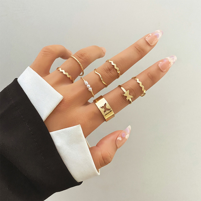 European and American New Retro Inlaid Pearl Chain Ring Butterfly Open Ring Ins Style Ring Set 10-Piece Set