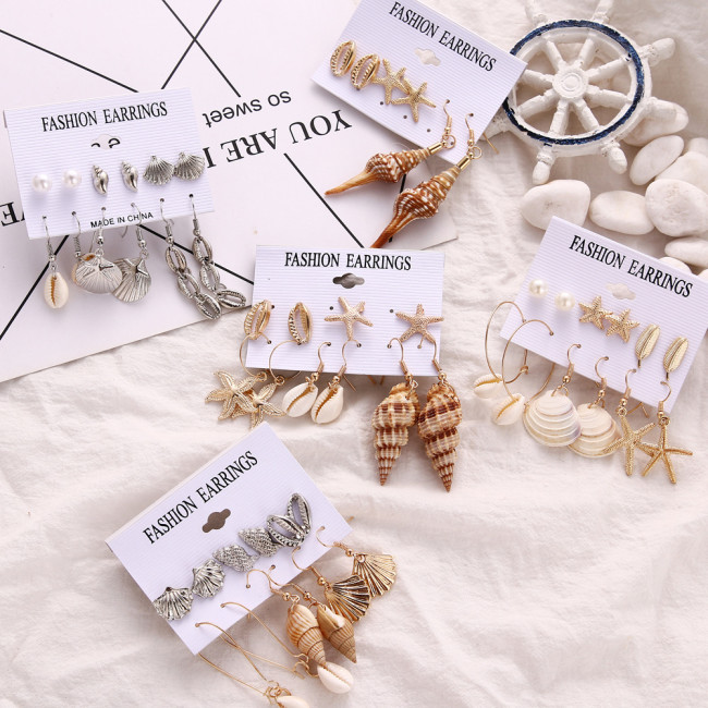 AliExpress New European and American Style Conch Series Earrings for Women Starfish Shell Beach Style Earrings 6 Pairs Set