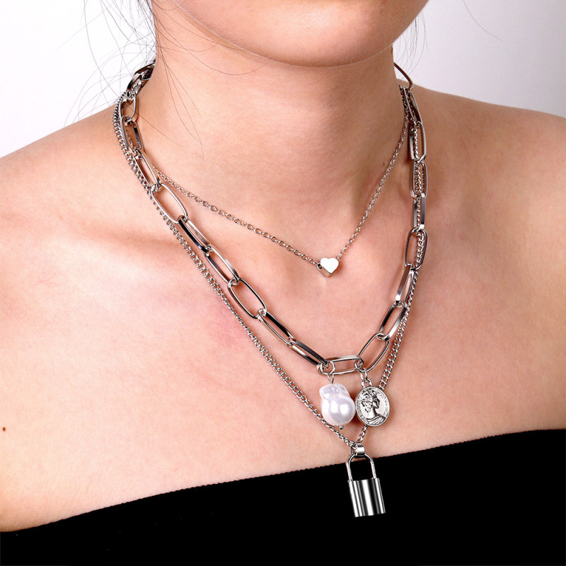 European and American Cross-Border Jewelry Retro Personality Baroque Pearl Necklace for Women Multi-Layer Lock Shape Heart Necklace Collarbone Chain