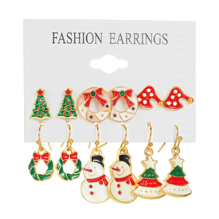 Christmas Series Snowflake Bell Earrings Set Cross-Border Cartoon Oil Drop Reindeer Santa Claus Christmas Earrings