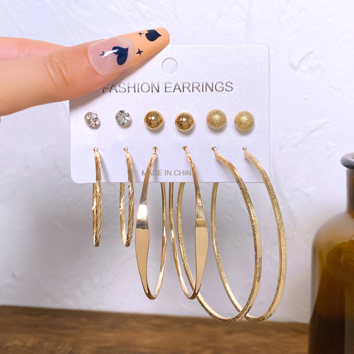 New Metal Hoop Earrings Set 6 Pieces Vintage Pearl Diamond Hoop Earrings European and American High-end Earrings with a Sense of Sophistication