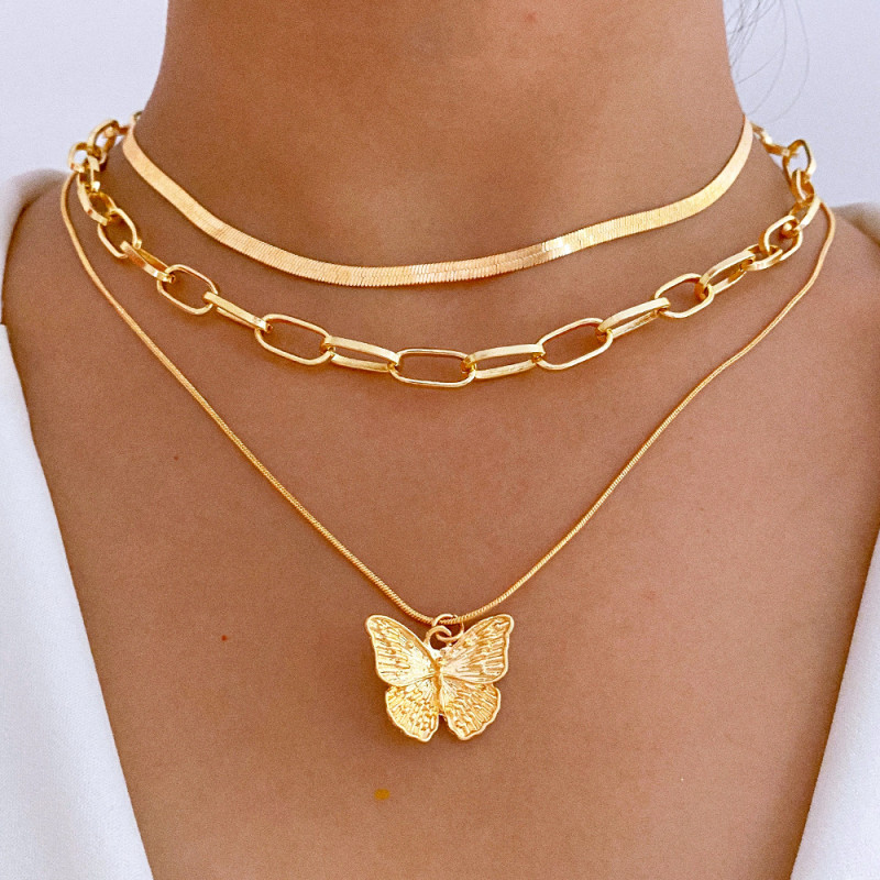 Cross-Border Exclusive European and American Style Women's New Ins Style Butterfly Choker Multi-Layer Butterfly Collarbone Chain Necklace Set