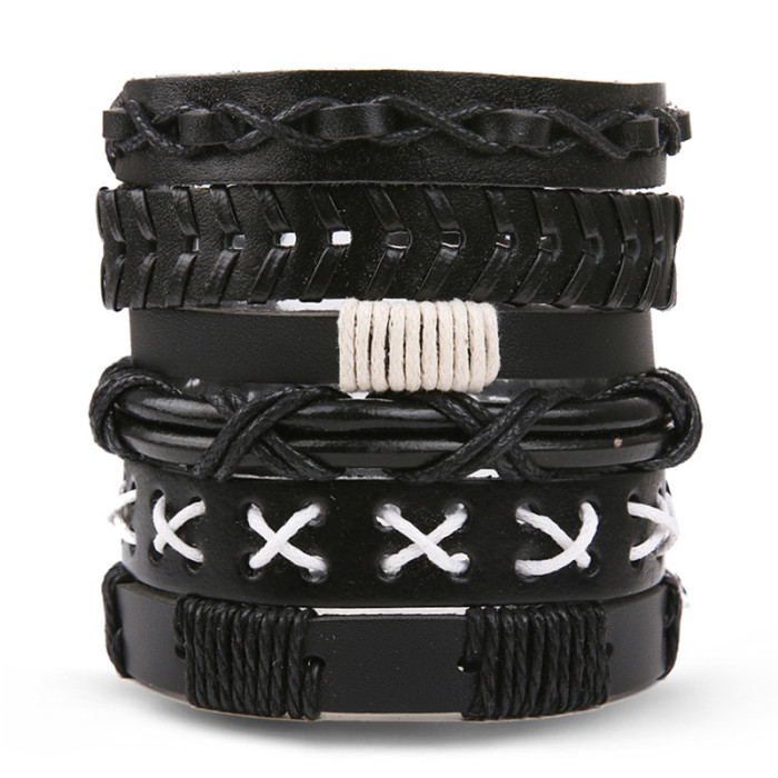 Vintage Bead Bracelet Men's Fashion Hollow Triangle Leather Bracelet and Bangle Multi-layer Wide Wrapped Jewelry