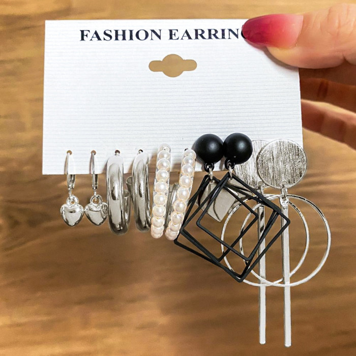 European and American Cross-Border Geometric Multi-Layer C-Shaped Pearl Earrings Hoop Earrings Stud Earrings 6 Pairs Set Carded Earrings Set Combination for Women