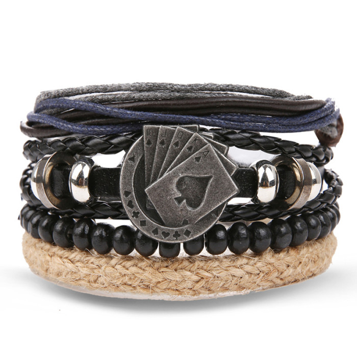 Vintage Bead Bracelet Men's Fashion Hollow Triangle Leather Bracelet and Bangle Multi-layer Wide Wrapped Jewelry