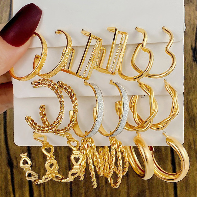 European and American C- Shaped Metal Texture High Sense Personalized Earrings Retro Twist Earrings Suit 6-Piece Earrings