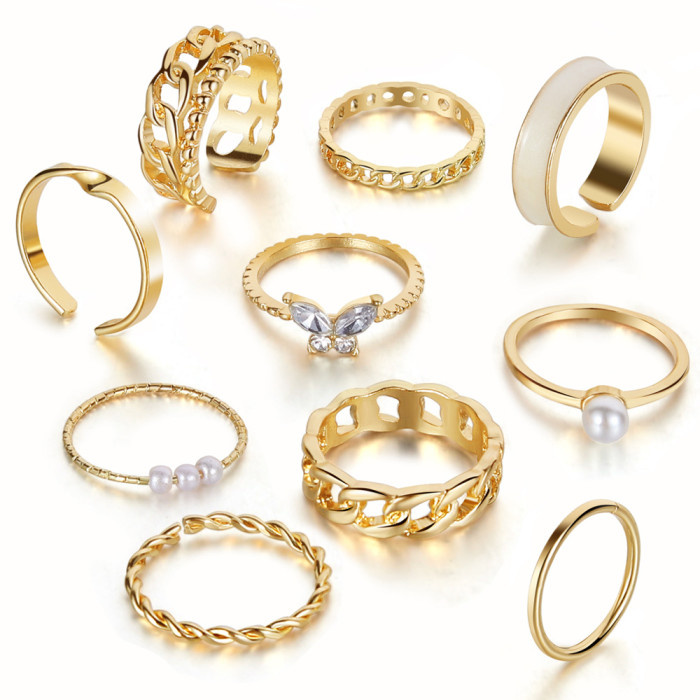 European and American New Retro Inlaid Pearl Chain Ring Butterfly Open Ring Ins Style Ring Set 10-Piece Set