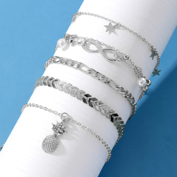 Five-Pointed Star Butterfly 8-Character Multi-Layer Anklet Set Vintage Multi-Layer Pendant Anklet for Girls High-End Foot Jewelry