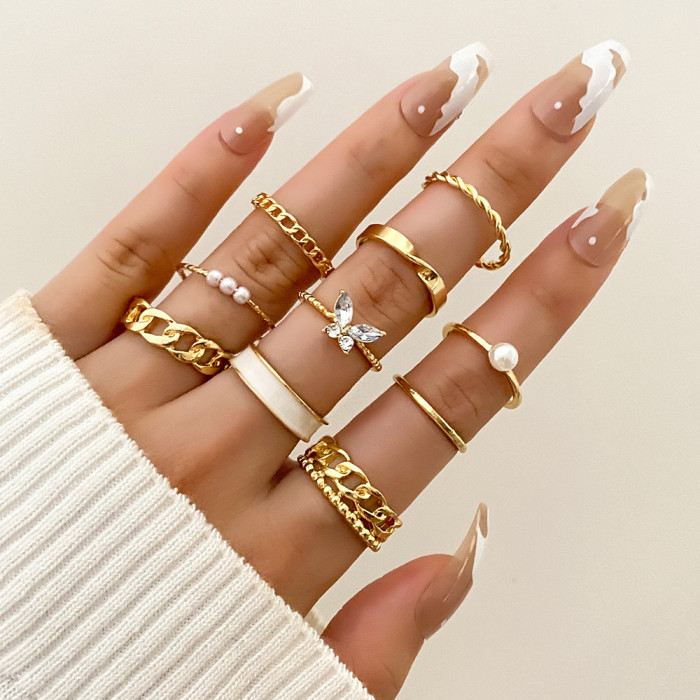 European and American New Retro Inlaid Pearl Chain Ring Butterfly Open Ring Ins Style Ring Set 10-Piece Set