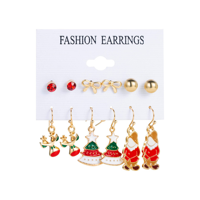 Christmas Series Snowflake Bell Earrings Set Cross-Border Cartoon Oil Drop Reindeer Santa Claus Christmas Earrings