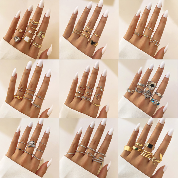 Cross-Border New Fashion Creative Flower Alloy Joint Ring Set Geometric Plain Ring Multi-Piece Set for Women