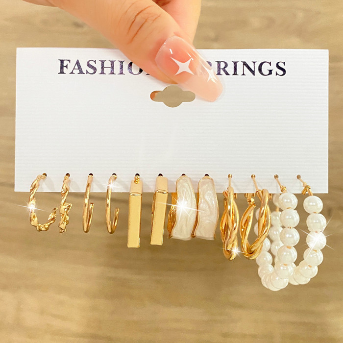 European and American Style Metal Hoop Earrings Square Geometric Earrings Vintage Pearl Earrings Hepburn Style Earring Set 5-Piece Set