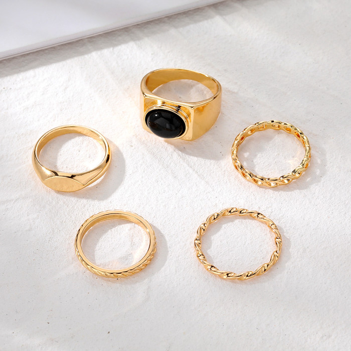 European and American New Style Gold Braided Knuckle Rings 5-Piece Set Retro Geometric Oval Inlaid Black Gemstone Metal Rings for Women