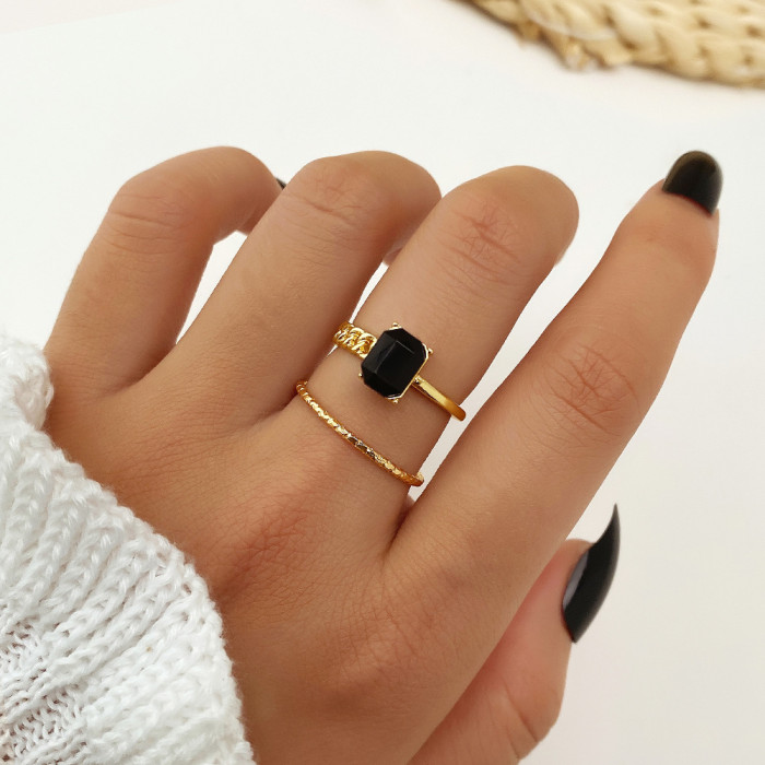 European and American New Style Gold Braided Knuckle Rings 5-Piece Set Retro Geometric Oval Inlaid Black Gemstone Metal Rings for Women