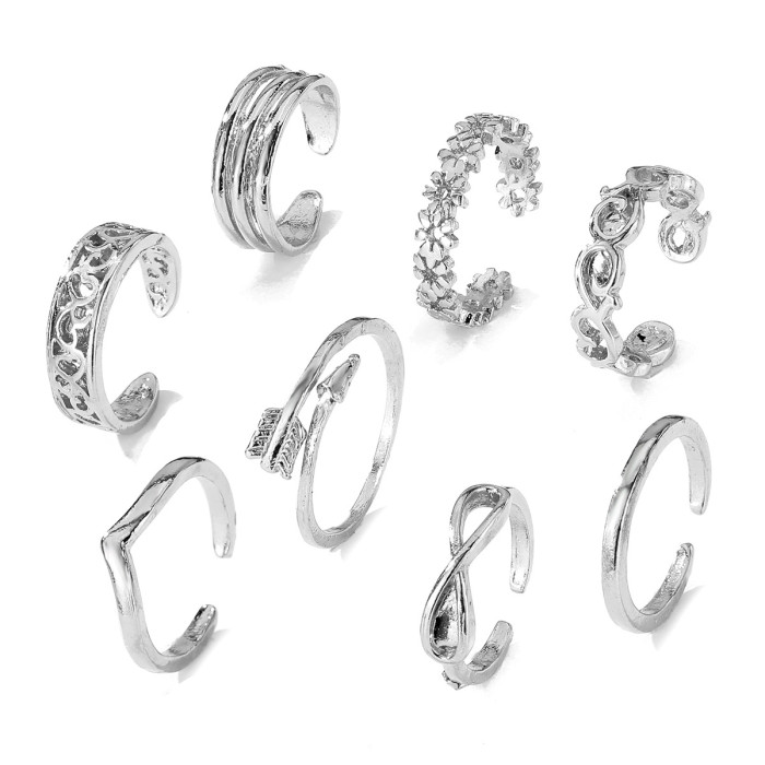 Cross-Border Hot-Selling Jewelry Carved Hollow Multi-Element 8-Piece Open Toe Rings Alloy Beach Series Set Foot Jewelry
