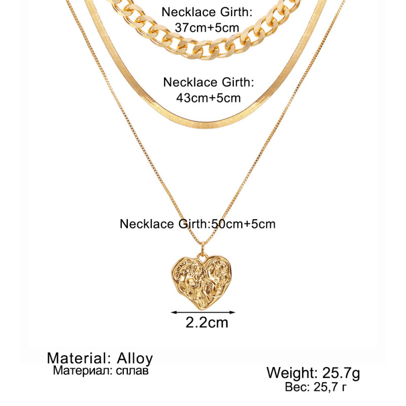 European and American Cross-Border Personality Trend Alloy Heart Pendant Necklace Retro Multi-Layer Thick Chain Necklace for Women Wholesale