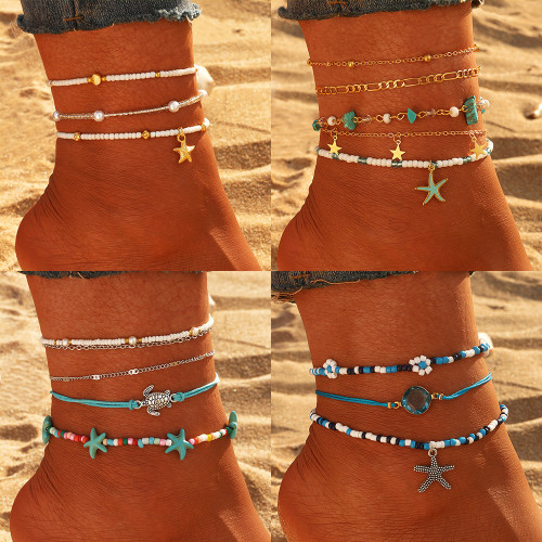 European and American Cross-Border Retro Bohemian Vacation Style Starfish Pendant Blue Spacer Bead Anklet Beach Multi-Layer Foot Jewelry for Women