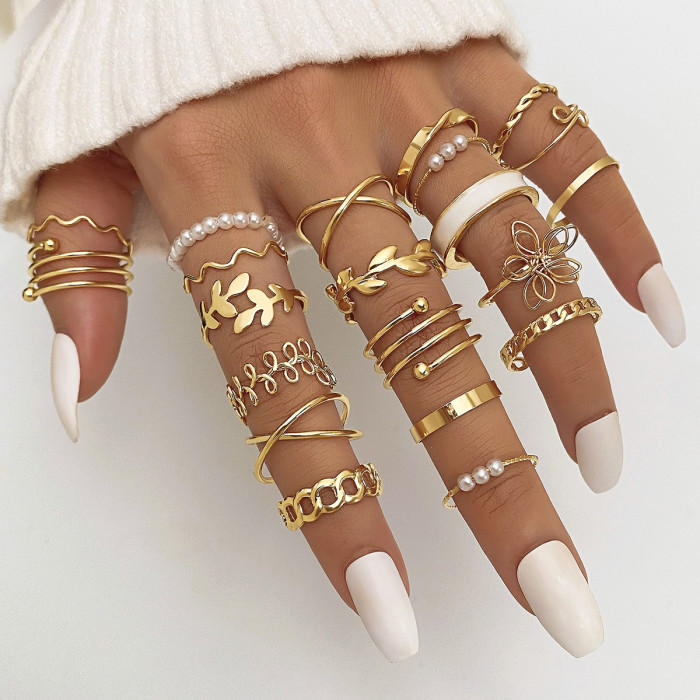 Cross-Border Hot Selling Diamond-Studded Eye Cross Leaf Ring Multi-Joint 23-Piece Set Pearl Sun Moon Ring