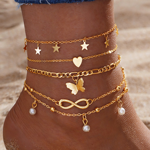 European and American Cross-Border Multi-Layer Anklet Ins Niche Sexy Versatile Beach Layered Anklet Girl Foot Jewelry Set Wholesale