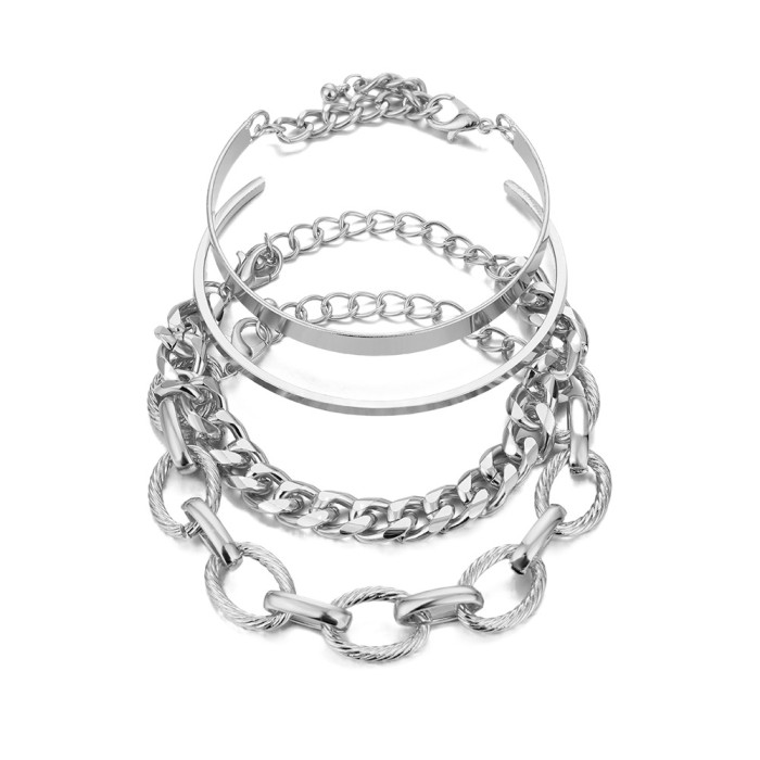 Fashion Simple Geometric Hollow Mixed Braided Bracelet Set Hip-Hop Chain Personality Punk Style Jewelry, Jewelry Sets