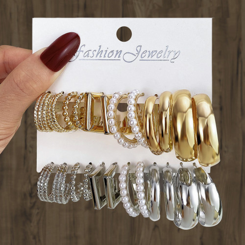 European and American Cross-Border Geometric Multi-Layer C-Shaped Pearl Earrings Hoop Earrings Stud Earrings 6 Pairs Set Carded Earrings Set Combination for Women